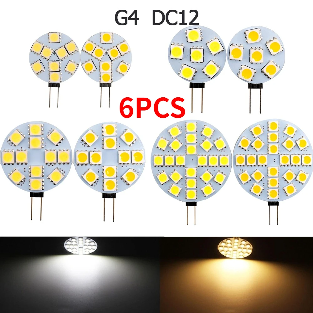 

6PCS DC 12V G4 LED Lamps 1.2W 1.8W 2.4W 5W RV Lighting Replaces 25W Halogen Bulb 350LM 6-24Leds 5050 SMD Range Hood Boat Light