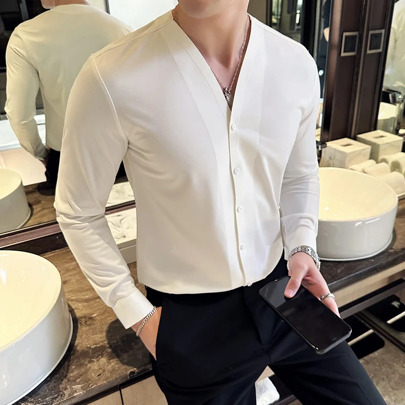

Long Sleeve Shirts For Men Clothing High Quality Collarless Men's Shirts Luxury Drape Traceless Gluing Social Shirt Dress Blouse
