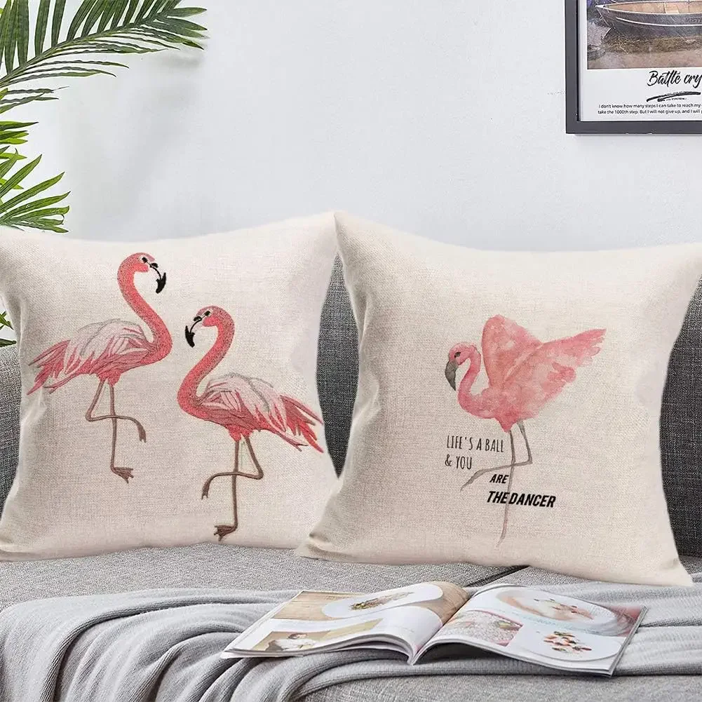 

Flamingo Pillow Case Tropical Animal Pink Linen Square Summer Home Decoration Pillow Cover Sweet Text Sand Cushion Cover
