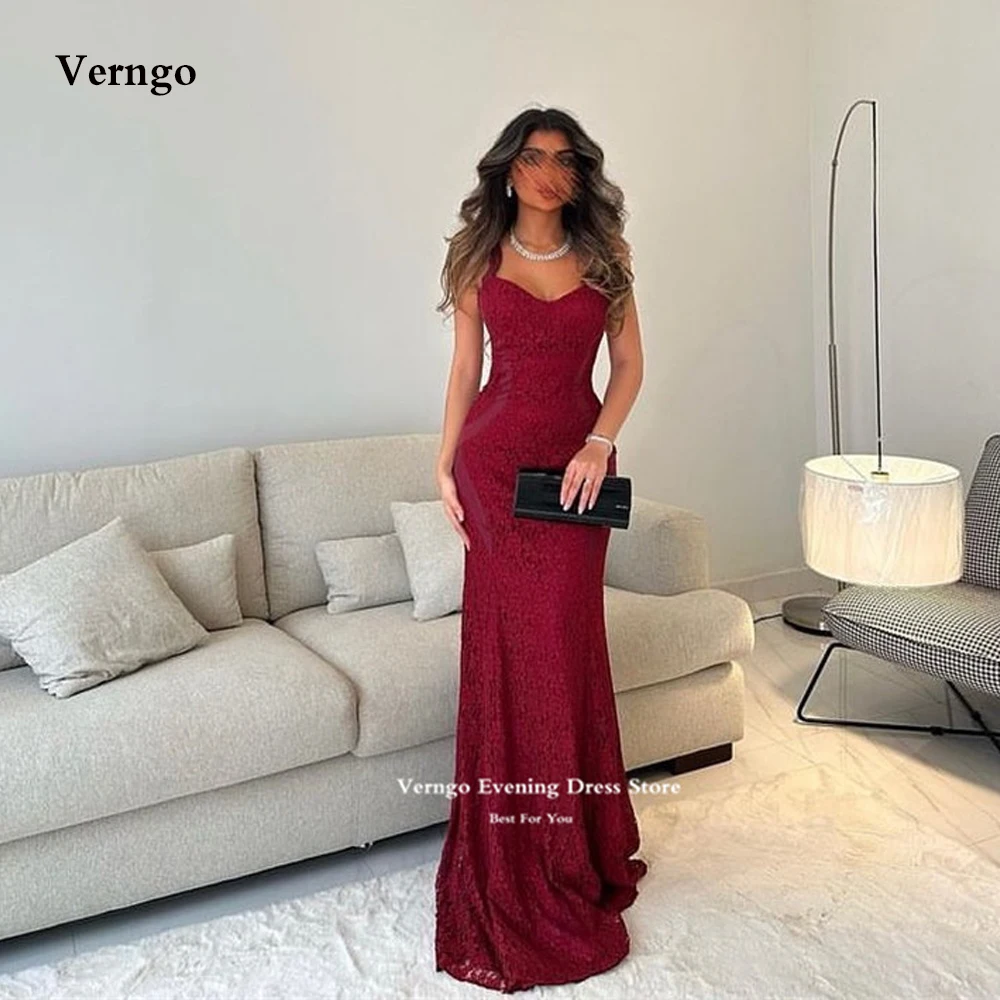 

Verngo Straples Burgundy Lace Mermaid Evening Dresse Sweetheart Dubai Saudi Arabic Women Formal Prom Gowns Occasion Party Dress