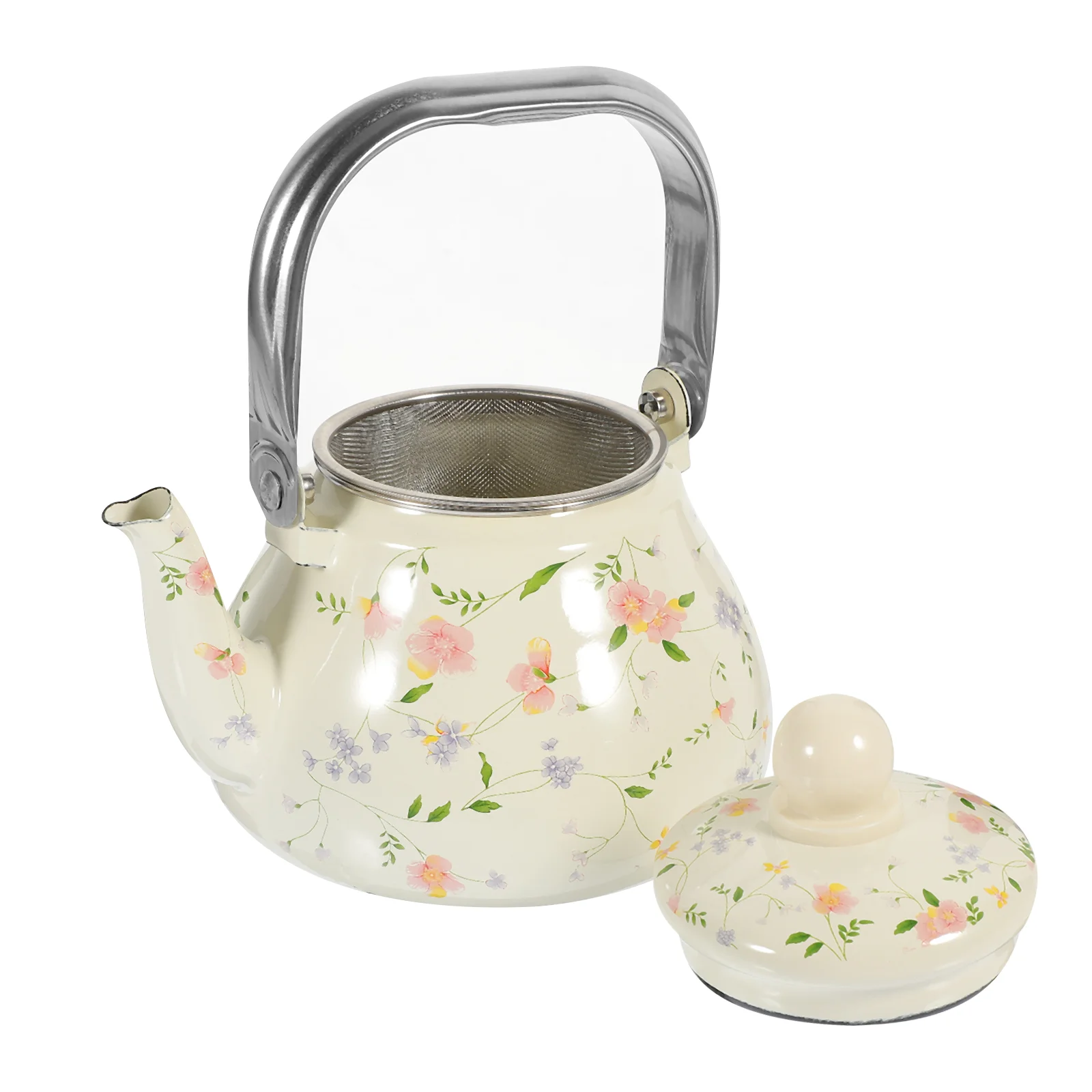 

Enamel Tea Kettles 1L Flower Pattern Enamel Tea Pot Vintage Floral Teapot Strainer Retro Teakettle Kitchen Water Kettle