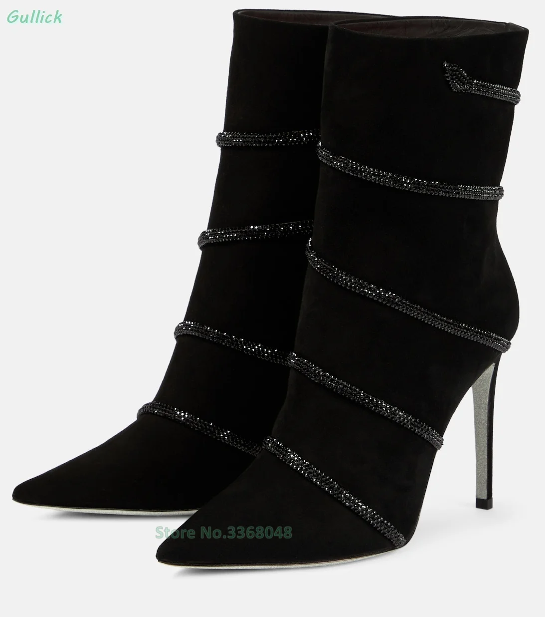 

Crystal-embellished Snake Straps Ankle Booties Sexy Pointed Toe Black Suede Winter Autumn Women Boots Thin High Heel Shoes
