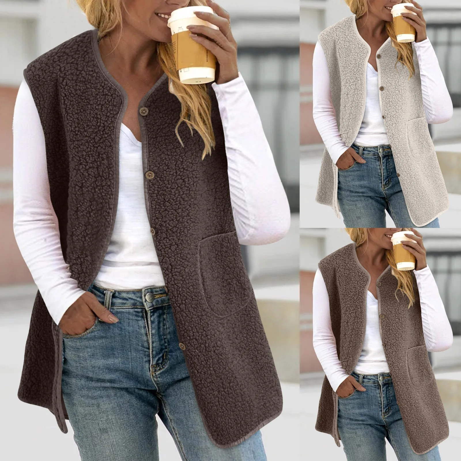 

Autumn And Winter Women's Soft Comfortable Lambswool Vest Jacket Casual Loose Casual Solid Color Pockets Versatile Waistcoat