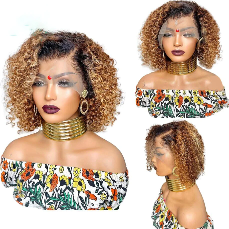 

Soft Ombre Blonde Brown 180% Density Glueless Short Cut Bob Kinky Curly Deep Lace Front Wig For Black Women BabyHair Prepluecked