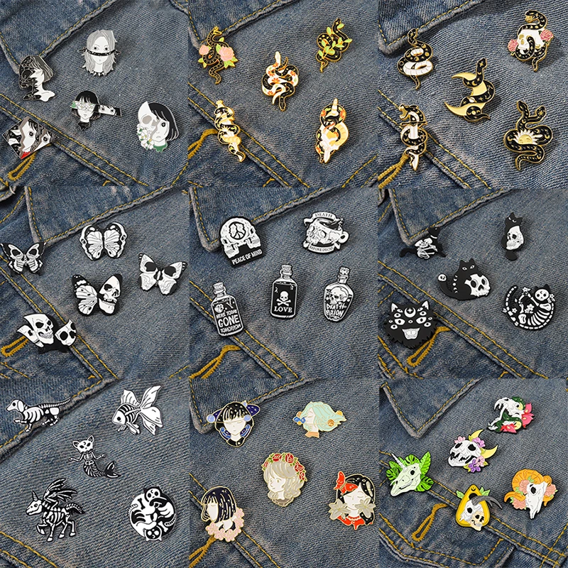 

Skeleton Punk Enamel Pin Set Snake Flower Butterfly Skull Girl Jewelry Badge Lapel Clothes Backpack Hat Gothic Gift Wholesale