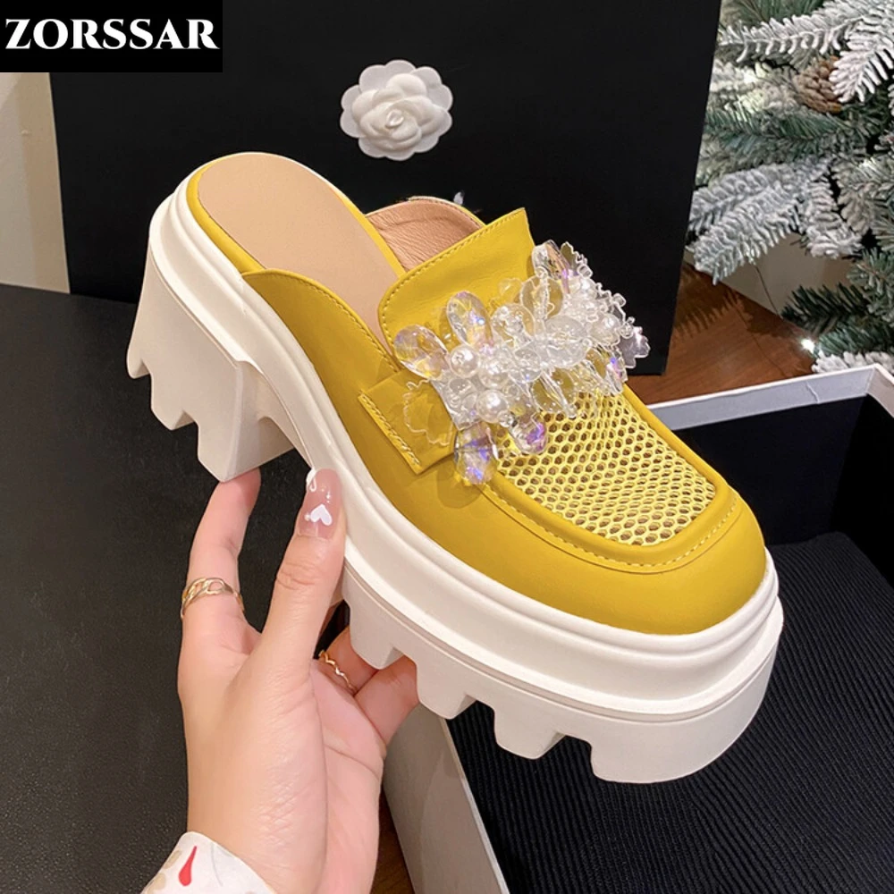 

Women Baotou Half Slippers White Yellow Black Crystal High Heels Sandals Female Slip On Casual Summer Outside Ladies Mules Shoes