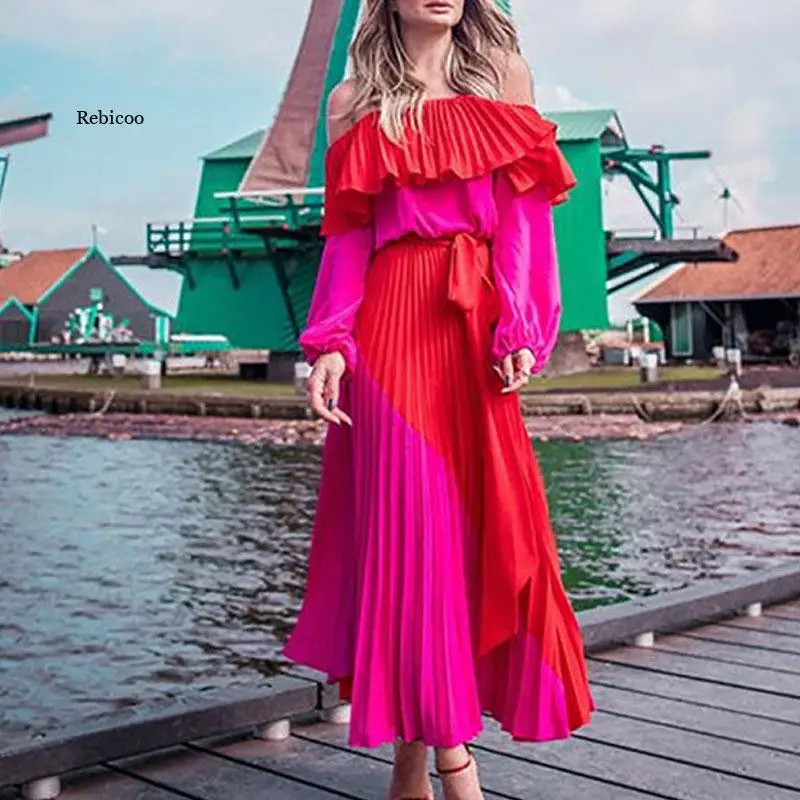 

2022 Summer Dress Women Casual Lantern Sleeve Slash Neck Ankle-Length Ruffle Pullover Patchwork Red Simple Temperament