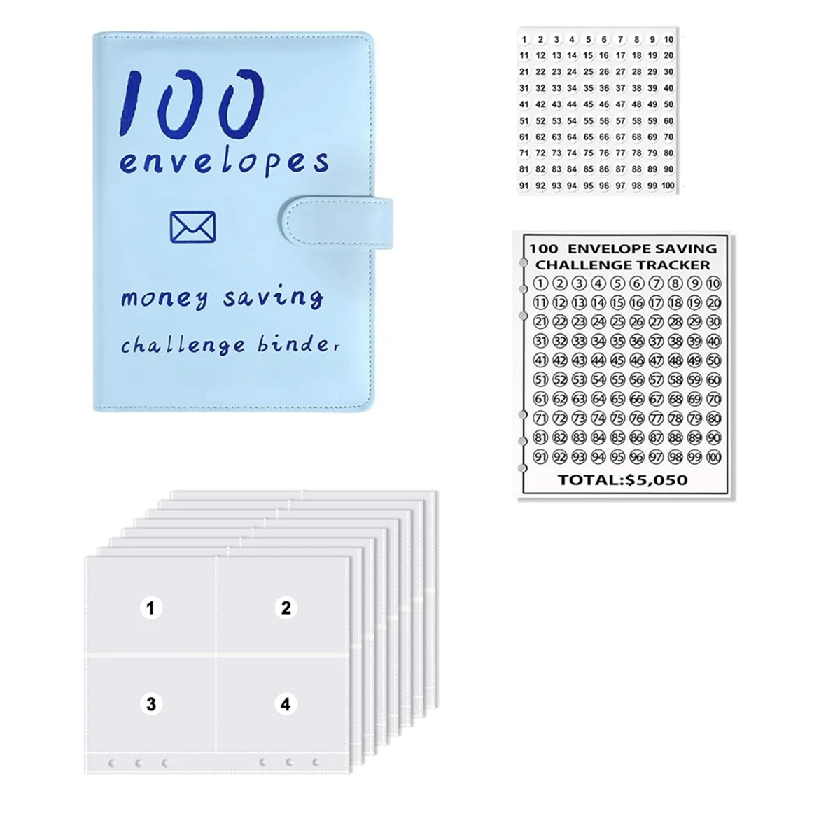 

100 Envelopes Money Savings Challenges Book,Storage Budgeting Binder Budget Book Cash Saving Challenge Kit(Blue)