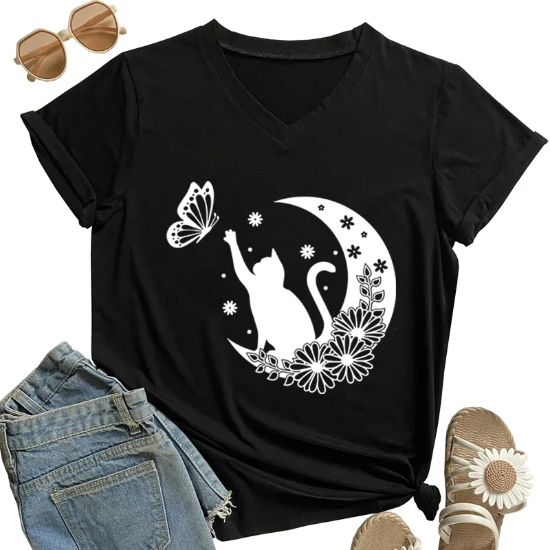 

Футболка женская с рисунком кошки на Луне, винтажная рубашка с принтом бабочки, топ с коротким рукавом и V-образным вырезом в готическом стиле