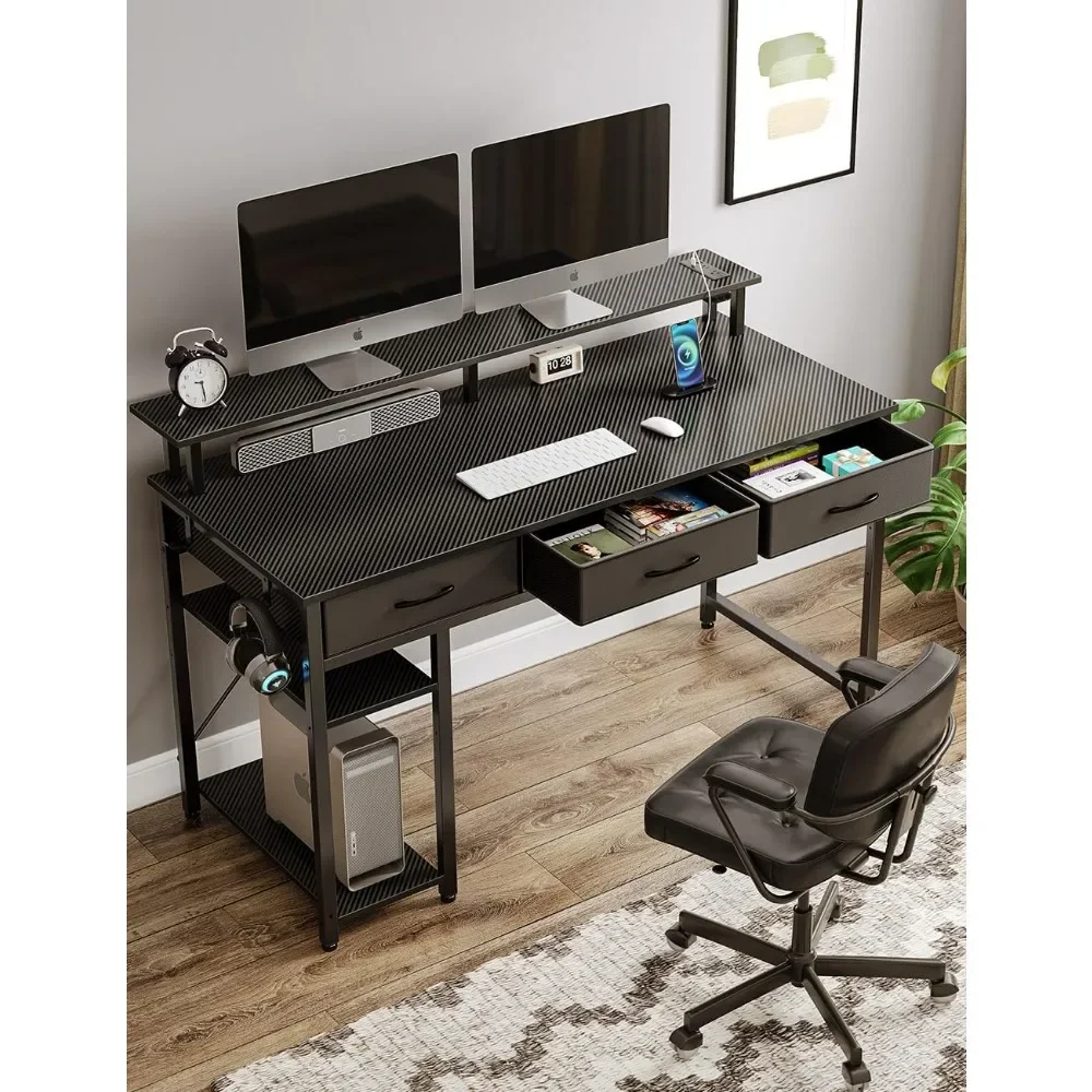 

47-дюймовый стол для дома и офиса с 3 ящиками и полками для хранения, компьютерный стол с розетками питания и искусственной кожей, мебель для комнаты, письменные столы