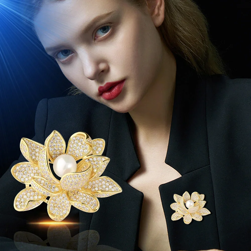 

fashion Brooch for Women Gold Color Lotus Flower Brooches Pearl Zircon Inlaid Copper Pins jewelry Gifts Wholesale direct sales