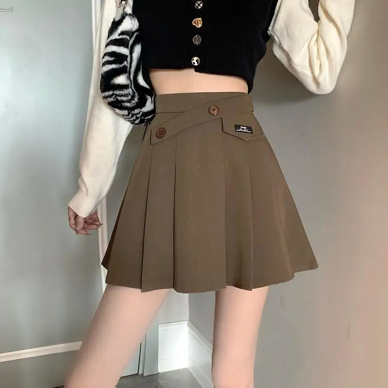 

Spring Summer Preppy Style Irregular Solid Color High Waist Slim A-line Skirt Women Clothes Temperament Buttons Pleated Skirt
