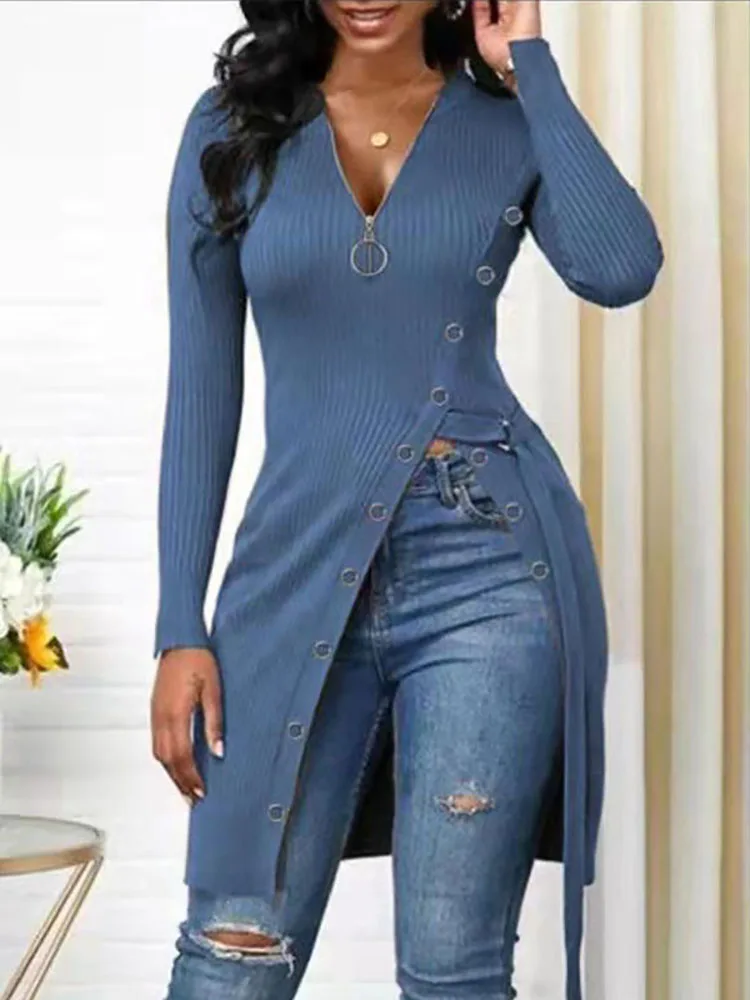 Fashion Women Solid Color T-Shirts Irregular Design Zipper Decor High Split V-Neck Long Sleeve spring Autumn Slim Long Top
Fashion Women Solid Color T-Shirts Irregular Design Zipper Decor High Split V-Neck Long Sleeve spring Autumn Slim Long Top