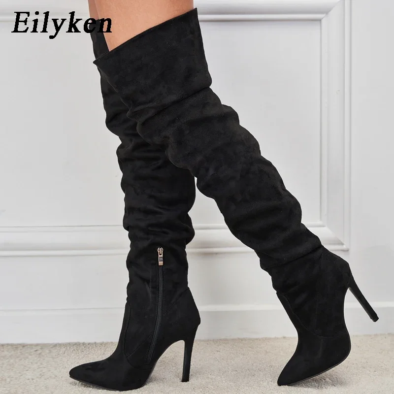 

Eilyken 2024 New Fashion Pleated Pointed Toe Zip Thigh High Boots Female Stiletto Heels Design Over The Knee Women's Shoes