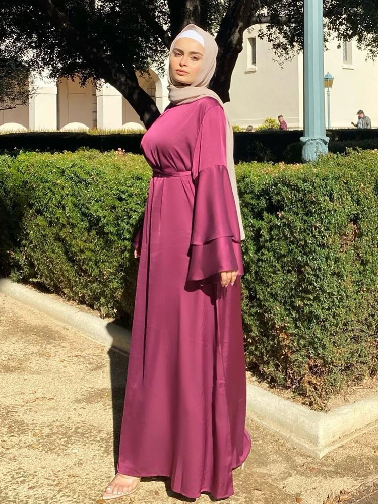 

Summer Muslim Dress Thin Satin Layered Flare Sleeves Dubai Turkish Robe Islamic Clothing Hijabi Abaya Ramadan Eid (No Scarf)