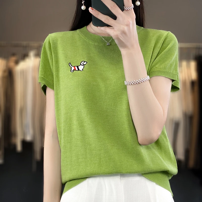 

ADDONEE Spring Summer Women O-neck T-shirt Short Sleeve Pullover Sweater 30% Merino Wool Knitwear Female Basic Casual Clothes