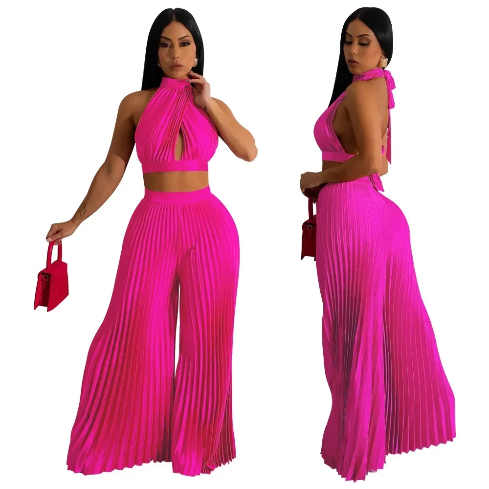 Halter Sleeveless Top Woman Matching Sets Pleated Backless Solid Color Two Pieces Set Wide Leg Pants Female Hollow Out
Halter Sleeveless Top Woman Matching Sets Pleated Backless Solid Color Two Pieces Set Wide Leg Pants Female Hollow Out