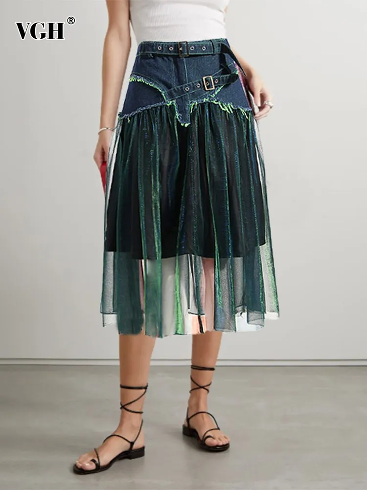 

VGH Patchwork Denim Hit Color Casual Skirt For Women High Waist Spliced Mesh Raw Hem Loose Folds Skirts Female Fashion Clothing