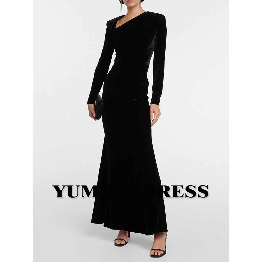 

YUMDAI Gorgeous Black Velvet Long Sleeve Evening Gown 2023 Women's Formal Prom Mermaid Dress Special Occasion Party Mom Dress