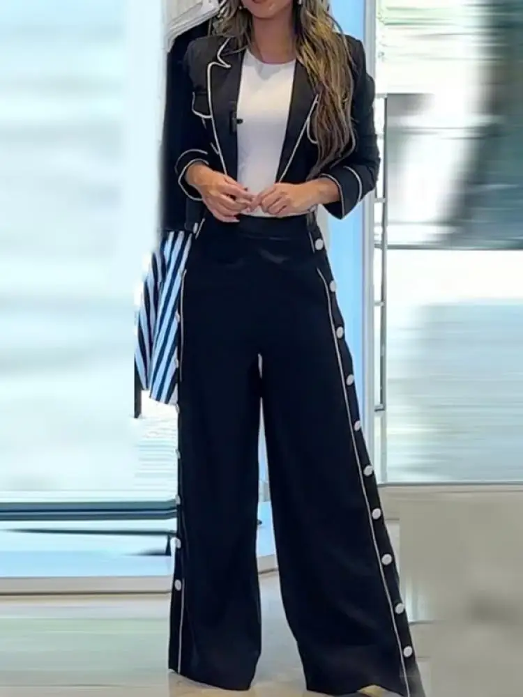

Женский офисный костюм Uoozee, официальный костюм из двух предметов, блейзер с длинными рукавами и английским воротником, брюки с боковыми пуговицами и высокой талией