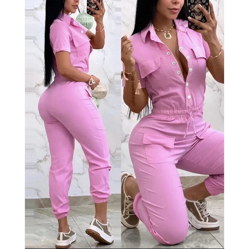 

Women New in Short Sleeve Pocket Design Cuffed Cargo Jumpsuit Summer Casual Lady Drawstring Jumpsuit y2k One Piece Clothing
