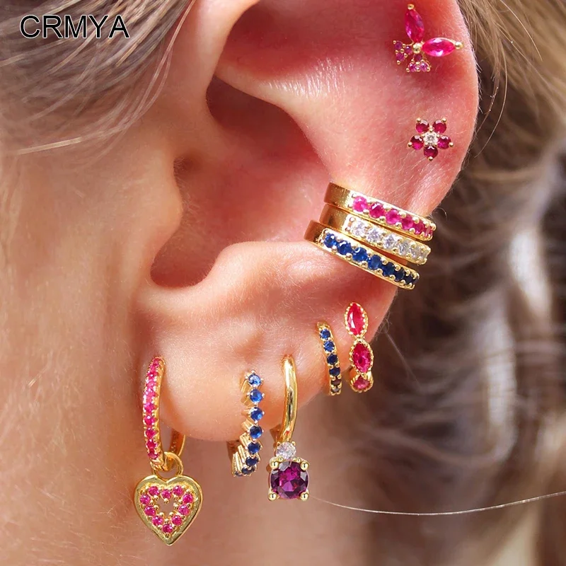 

CRMYA Gold Plated Hoop Drop Stud Earring for Women Piercing Red CZ Zircon Heart Dangle Earrings Women Jewelry Accessories