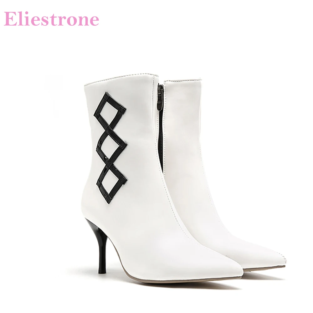 

Brand New Sweet Black White Women Mid Calf Dress Boots Fashion High Thin Heels Lady Shoes LM294 Plus Big Size 10 43 45 47