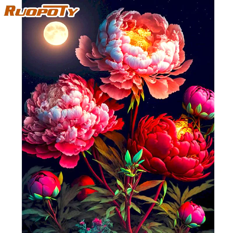 

RUOPOTY Painting By Numbers Kits Red Flowers Picture With Numbers For Adults Beginner Modern Wall Art Home Decors 60x75cm