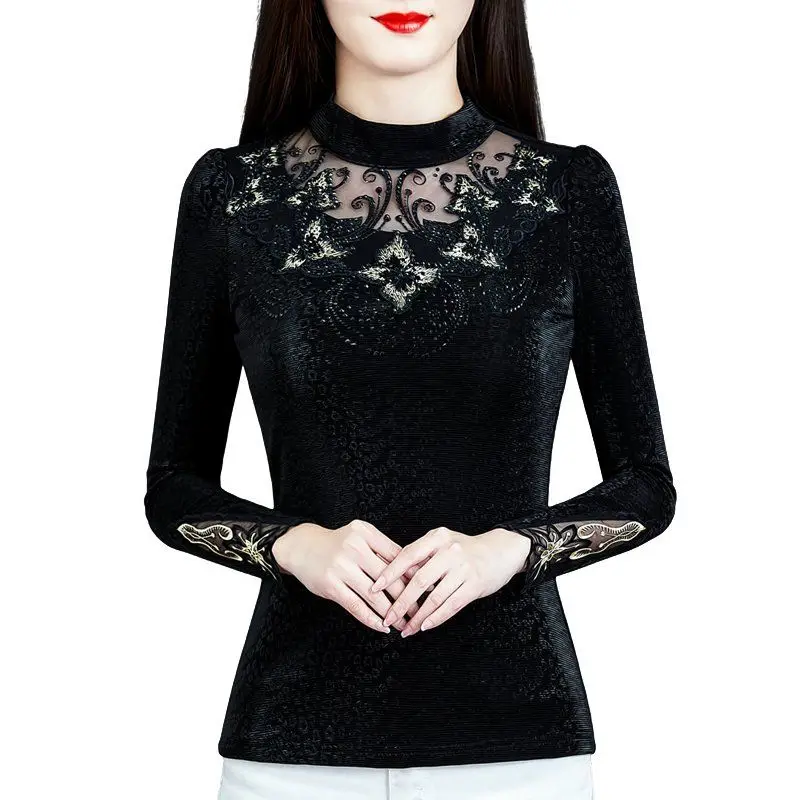 

2023 New Autumn and Winter Fashion Western Style Half High Neck with Diamonds Long Sleeve Temperament Commuter Lace Women's Top