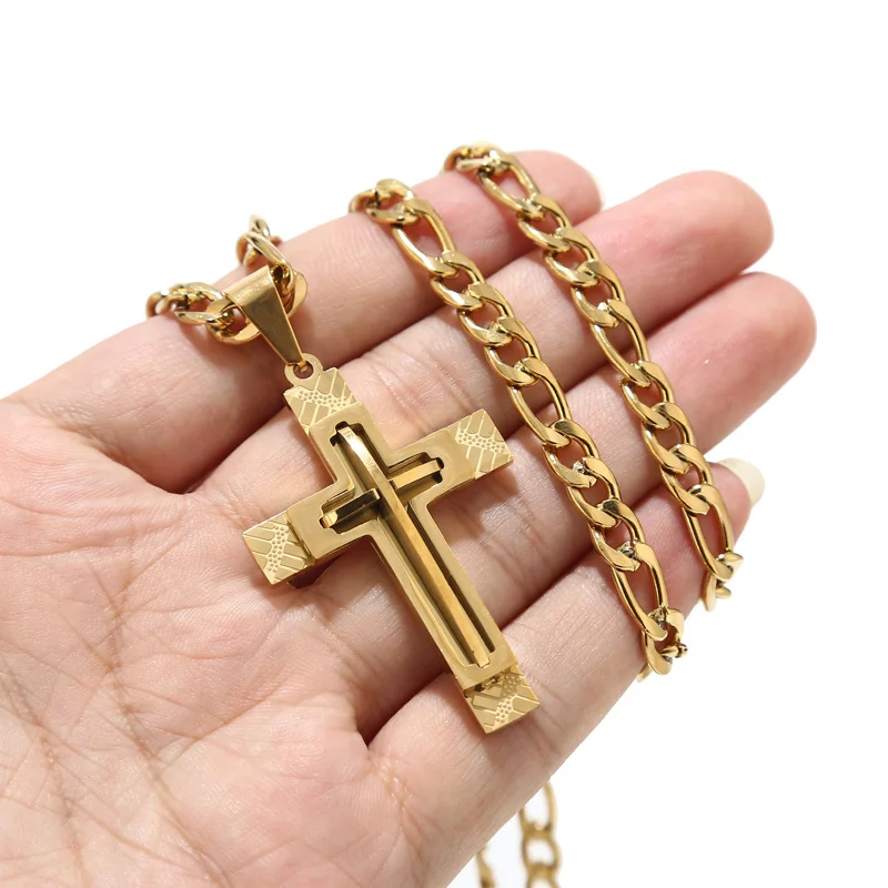 

316L Stainless Steel 31*49mm Gold Tone Necklace Charm Religious Cross Pendants Necklaces 3:1 Figaro Chains 24'' For Men Gifts