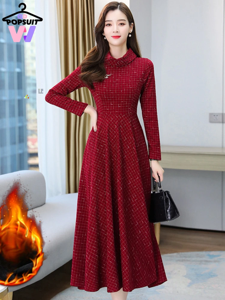 Women Long Dress New Spring Winter Elegant Slim Flocking Plaid Swing Skirt STAND Collar Long Sleeve Pocket Girdling Warm Dress
Women Long Dress New Spring Winter Elegant Slim Flocking Plaid Swing Skirt STAND Collar Long Sleeve Pocket Girdling Warm Dress