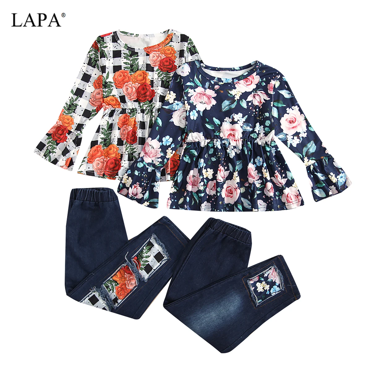

LAPA Girls Clothes 4 to 12 Years Round Neck Long Sleeve Cotton Pants Set All-Season Floral Flared Sleeve Outfits Jeans Set