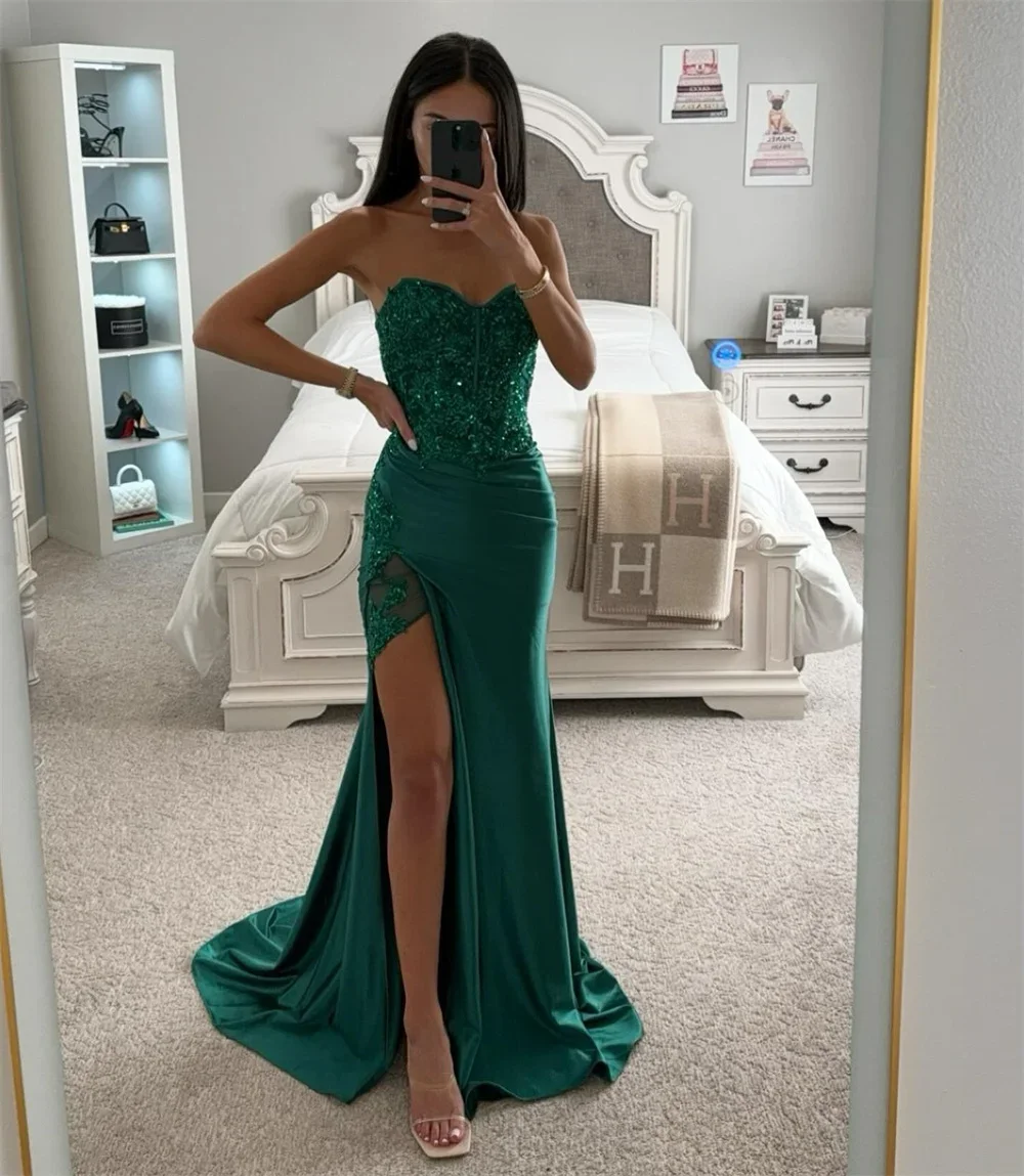 Green Beaded Glitter Prom Dresses Elegant Sleeveless Mermaid Satin Vestidos De Noche Sexy Side Split Graduation Ball Dress 
Green Beaded Glitter Prom Dresses Elegant Sleeveless Mermaid Satin Vestidos De Noche Sexy Side Split Graduation Ball Dress