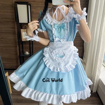 Traje Elegante de Inverno Midi Estilo Britânico para Mulheres 11 S-5XL Japanese Lolita Sky Blue Apron Maidservant Maid Restaurant Dress Uniform Outfits Anime Cosplay Costume