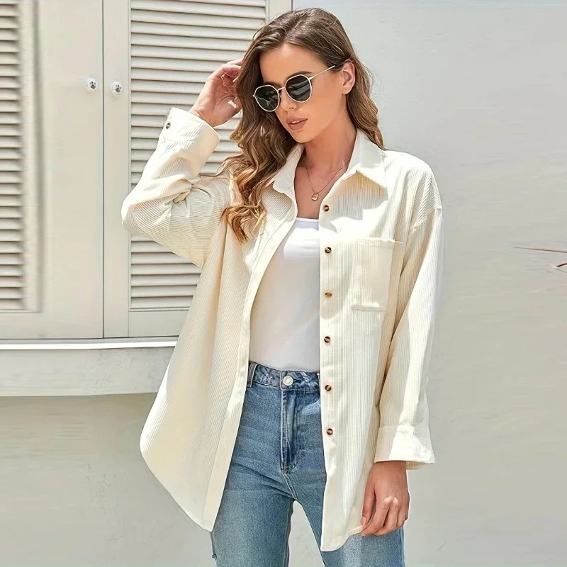 

Autumn Fashion Women Corduroy Shirt with Pocket Casual Solid Loose Blouse New Office Lady Long Sleeve Tops Clothes Blusas 30440