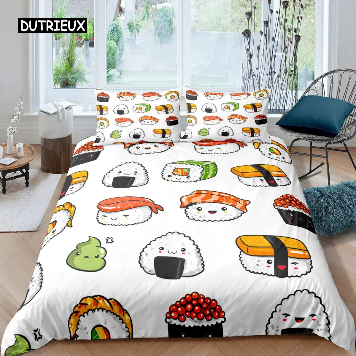 

Sushi Pattern Duvet Cover Set King Microfiber Japanese-Style Comforter Cover Food Theme Cute Cartoon Japanese Sushi Quilt Cover