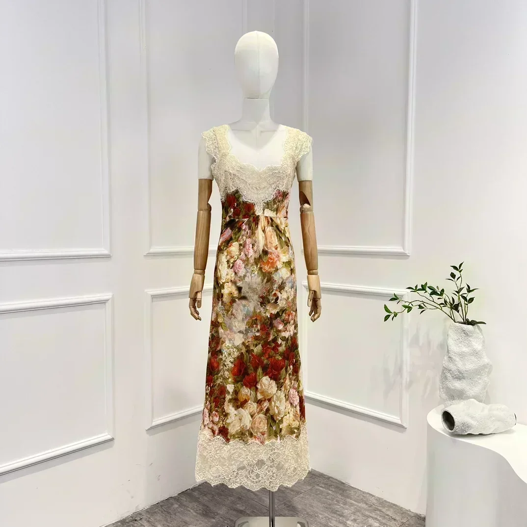 

Женское кружевное платье миди без рукавов, ажурное элегантное винтажное платье с цветочным принтом, 2023