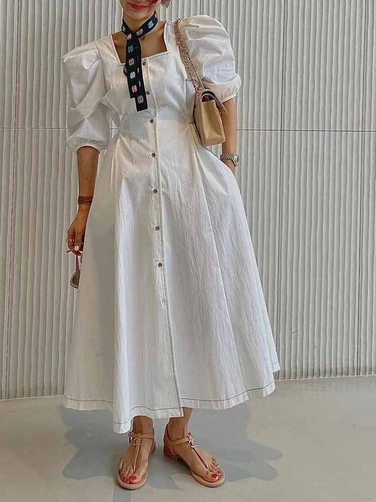 Elegant Women Square Neck Lace Up Dress Single Breasted Solid Color Bubble Sleeve Maxi Dresses 2023 Summer New Vestido Y031
Elegant Women Square Neck Lace Up Dress Single Breasted Solid Color Bubble Sleeve Maxi Dresses 2023 Summer New Vestido Y031
