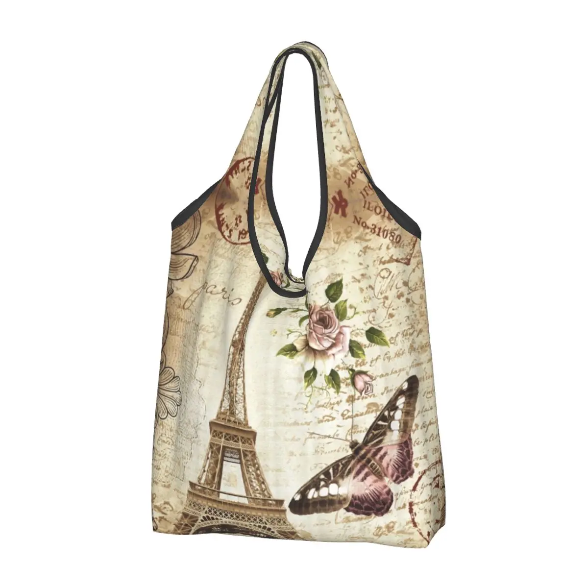 

France Paris Eiffel Tower Grocery Shopping Bag Kawaii Shopper Shoulder Tote Bags Big Capacity Portable Flower Pink Handbag