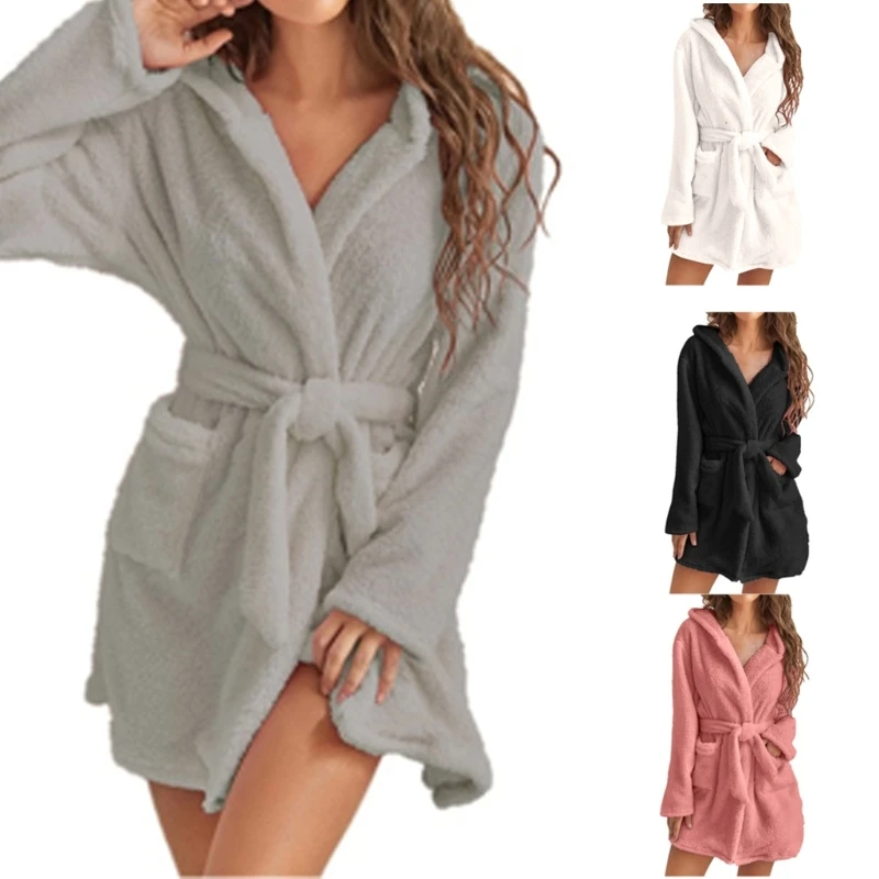 

Fuzzy Robe for Women Midi Length Bathrobe Belted Solid Color Plush Kimonos Robe with Pockets Soft Winter Spa Robes Gifts