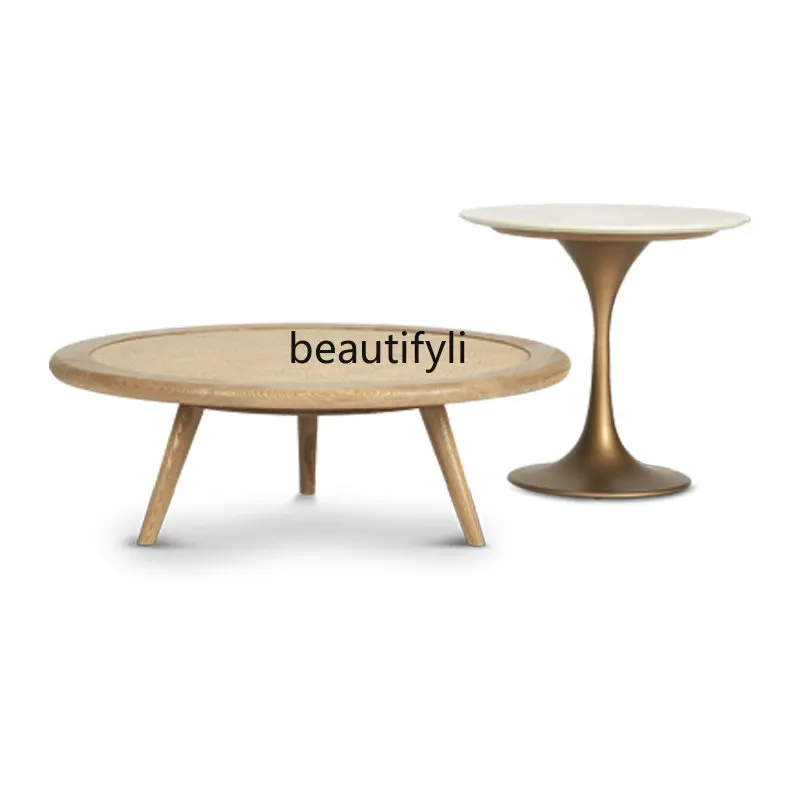 

Круглый журнальный столик yj из ротанга, современный минималистичный креативный маленький чайный столик из массива дерева в скандинавском стиле для гостиной