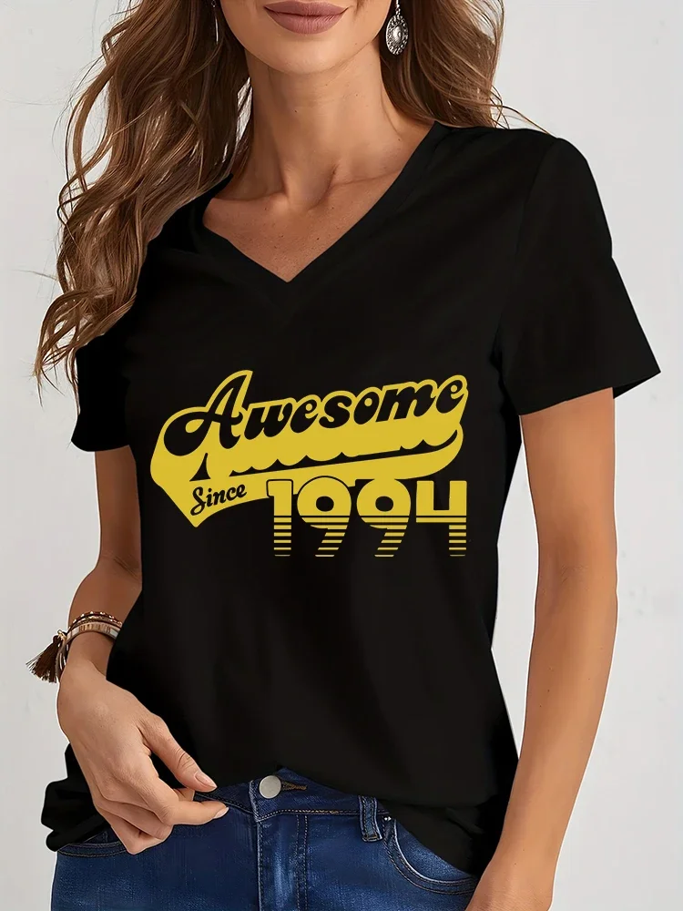 

Awesome Since 1994 T Shirt Women Summer V-neck TShirt Y2k Top Tees Harajuku Korean Shirt Female Clothing Ulzzang Streetwear