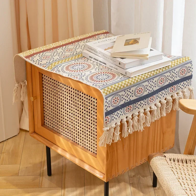 

Cotton and Linen Tablecloth with Handmade Tassel Thread Woven Bedside Tea Flag Dining Table Cover Living Room Jacquard Floor Mat