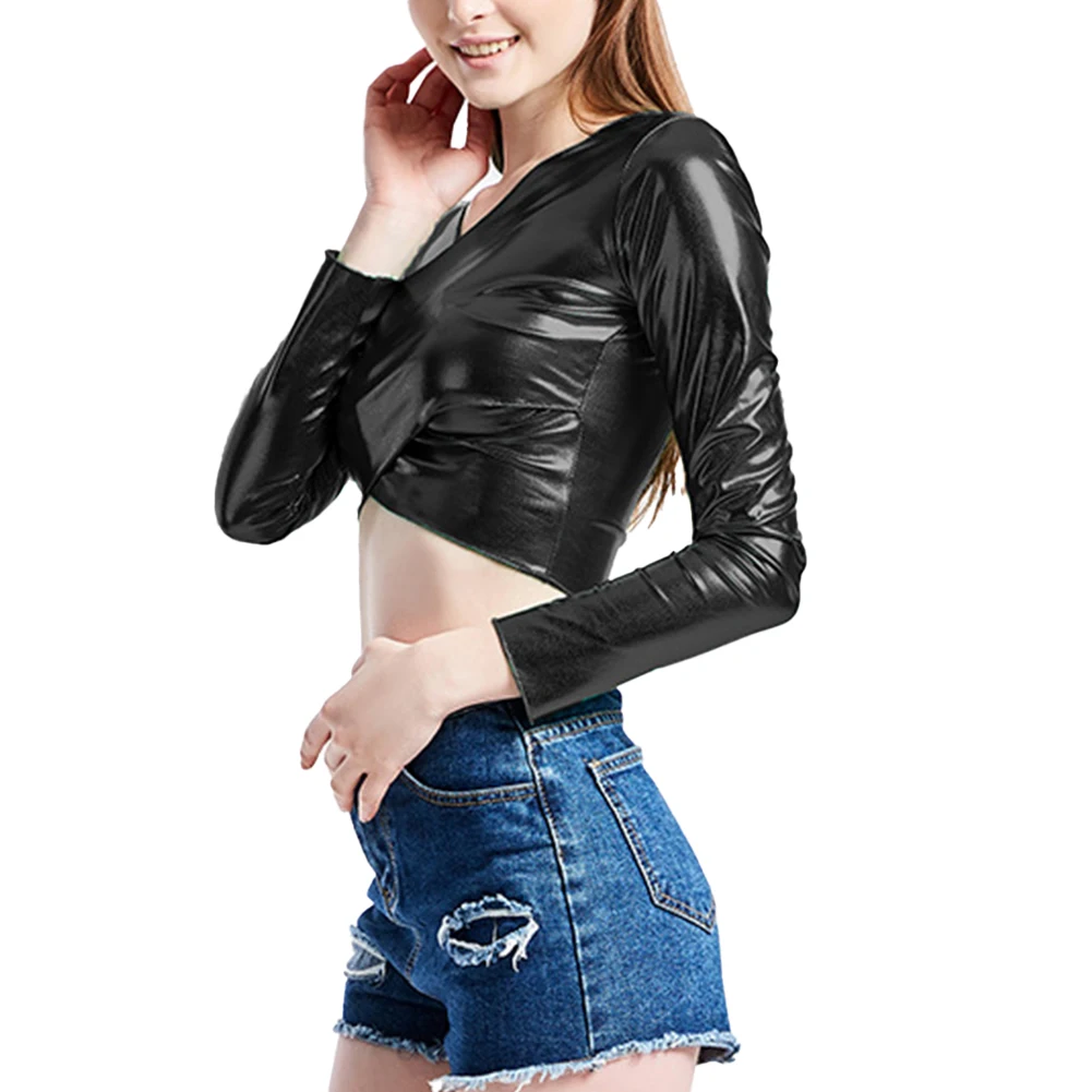 Women's Shiny Wetlook Vneck Crop Top Faux Leather Long Sleeve Clubwear Dance Top in Black/Green/Red/Gold/Silver
Women's Shiny Wetlook Vneck Crop Top Faux Leather Long Sleeve Clubwear Dance Top in Black/Green/Red/Gold/Silver