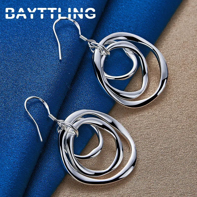 

925 Sterling Silver 40MM Fine Frosted 3 Hoop Earrings Fashion Women Charm Wedding Girlfriend Gift Jewelry Accessories