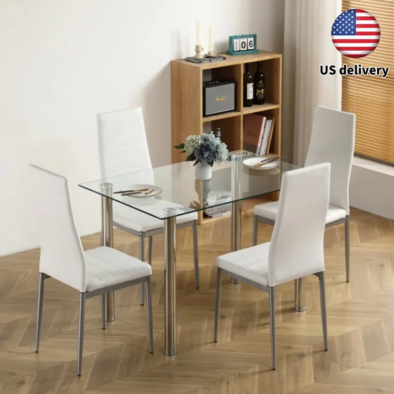 5pcs Dining Set, Modern 43.31-Inch Glass Table With 4 Metal Chairs, Retro Style Kitchen Furniture For Family And Restaurant Use,
5pcs Dining Set, Modern 43.31-Inch Glass Table With 4 Metal Chairs, Retro Style Kitchen Furniture For Family And Restaurant Use,