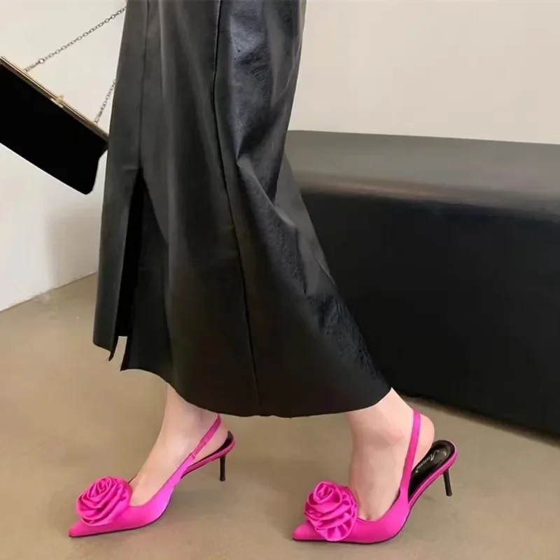 

New 2024 Satin Slingback Women Pumps Sexy Design Flowers Pointed Toe Thin High Heels Banquet Wedding Mule Ladies Shoes