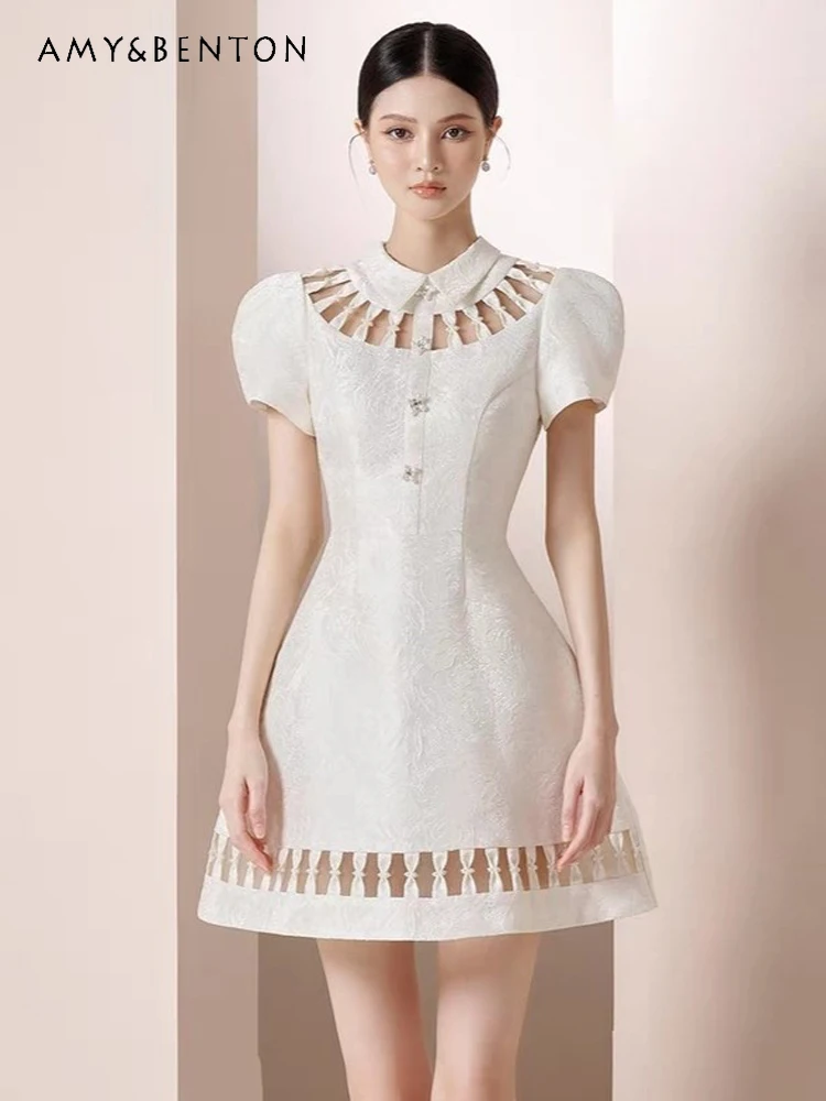 

Женское жаккардовое платье, изысканное ажурное платье-трапеция с бантом и пряжкой, приталенное белое платье во французском стиле, летние платья высокого качества