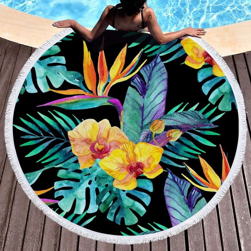 

Tropical Plants Printed Round Beach Towel Thick Shower Bath Towels Microfiber Summer Swim Circle Yoga Mat with Tassels 150cm