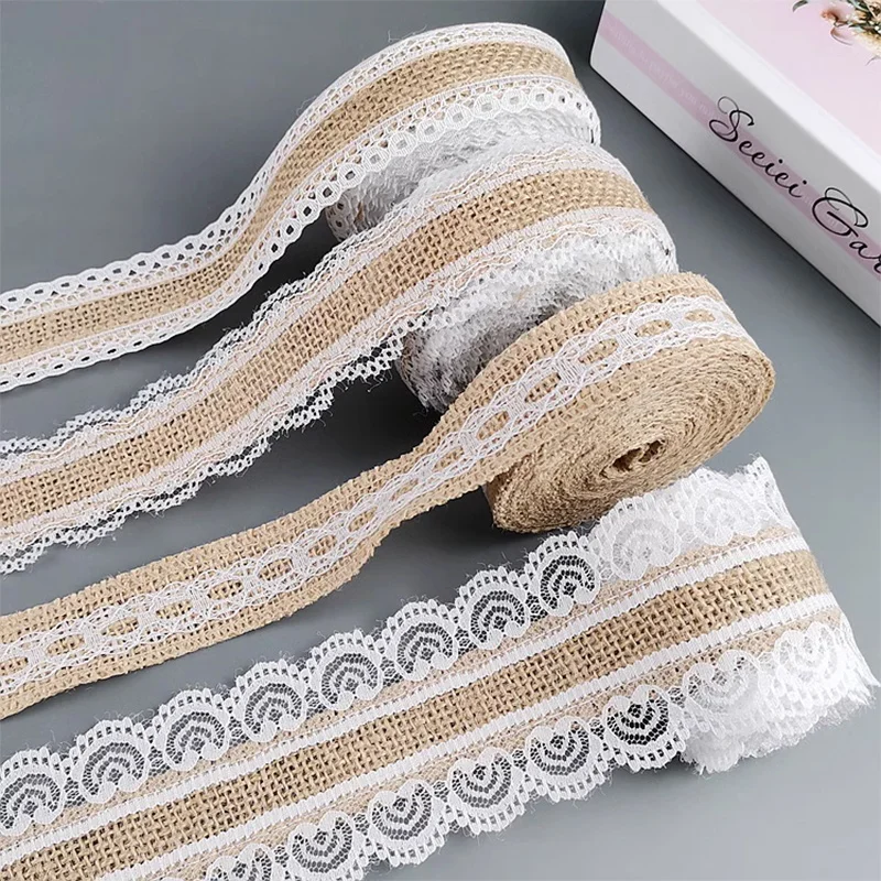 2/5Meter Burlap Ribbon with White Lace Trim Tape Natural jute Burlap Lace Rustic Vintage Hemp Ribbon For DIY Craft Wedding Decor 2/5Meter Burlap Ribbon with White Lace Trim Tape Natural jute Burlap Lace Rustic Vintage Hemp Ribbon For DIY Craft Wedding Decor